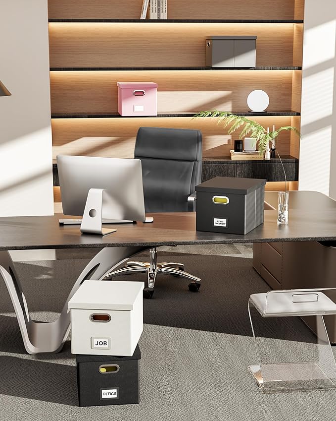 2 Pack Pink Leather File Storage Organizer with Lid - Portable Filing Box for Letter/Legal File Folder Storage