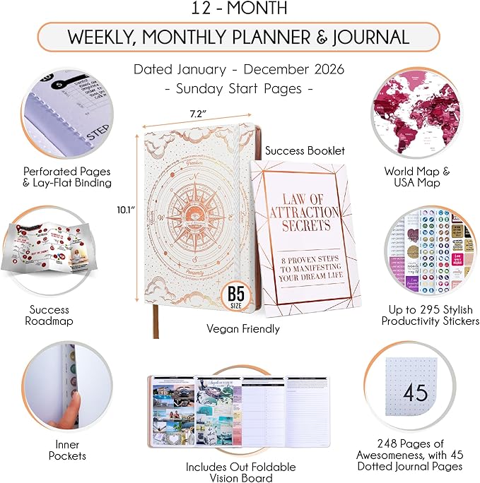 2026 Planner Weekly and Monthly | Law of Attraction Planner with Panduo App | A 12 Month Journey for Productivity, Gratitude & Goal Setting | Includes Foldable Vision Board, Gift Box & Stickers