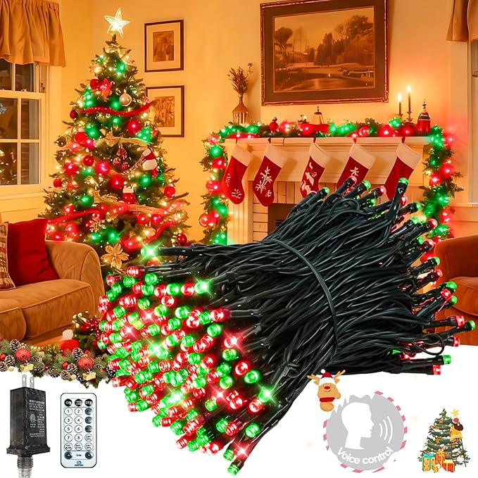 2025 New Voice Control 88ft 240LED Smart Christmas String Lights Outdoor/Indoor | String Lights with Remote, 12Modes, 7Voice Commands & Timers, Christmas Twinkle Light for Xmas Tree Decor(Red & Green)