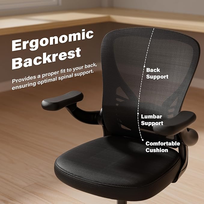 GYI Computer Desk Chair, Ergonomic Office Desk Chairs with Mesh Back, Adjustable Lumbar Support, Height, 3D Flip-up Arms, Wheels, Rocking Function, Black