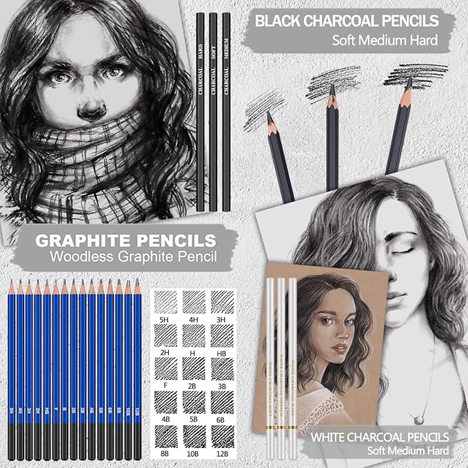 PANDAFLY 80 Pack Drawing Set Sketching Kit, Pro Art Supplies with 3-Color Sketchbook, Watercolor Pad, Colored, Graphite, Charcoal, Metallic Pencil, for Artist Adults Kids Beginner