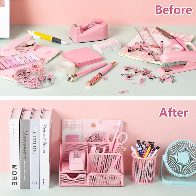 11 Pcs Pink Office Supplies Set Mesh Desk Organizer Accessories Kit Include Stapler Tape Dispenser Staple Remover Clips Ruler Scissors Sticky Notes for Office School Home Women (Pink)