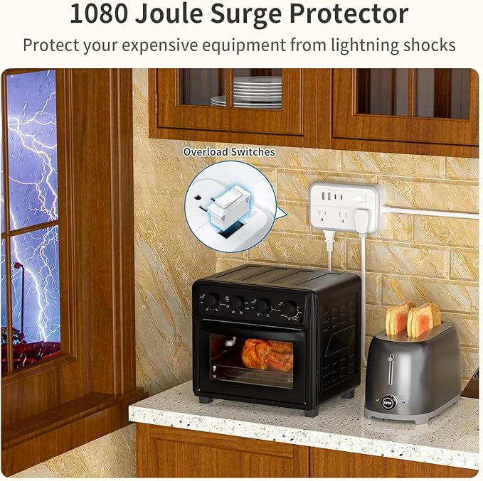 NTONPOWER Extension Cord 15 FT, 1875W Two Prong to Three Prong Outlet Adapter, 1080 Joules Surge Protector Power Strip, Rotating Plug 2 Prong Extension Cord with 4 USB Ports(2 USB C), for Old House