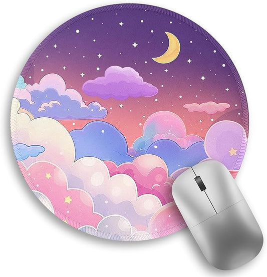 Kawaii Moon Cloud Star Sky Night Mouse Pad, Small Round Mouse Pads for Desk, Mini Travel Mousepad for Wireless Computer Laptop, Pastel Purple Lilac Violet Office Desk Accessories