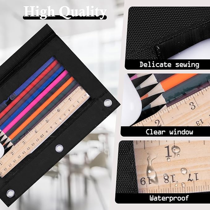 YoeeJob 36 Pack Zipper Pencil Pouch for 3 Ring Binder with Clear Window for School and Office Supplies (Black)
