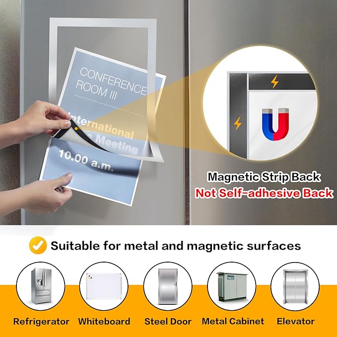 10Packs Magnetic Frames for Refrigerator & Metal Surfaces - 8.5x11 Magnetic Sign Holder - File/Paper/Document Holder with Photo/Picture/Poster Frame for Commercial/Home Use (Silver)