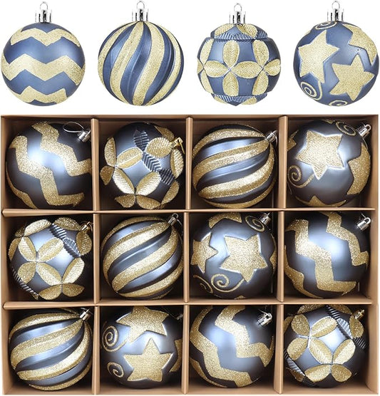 4 Inch Blue Gold Christmas Ornaments, 12Pcs Large Shatterproof Christmas Bulbs Ornaments, Big Christmas Balls Hanging Decorations for Christmas Trees Holiday Parties Malls (Blue & Gold)