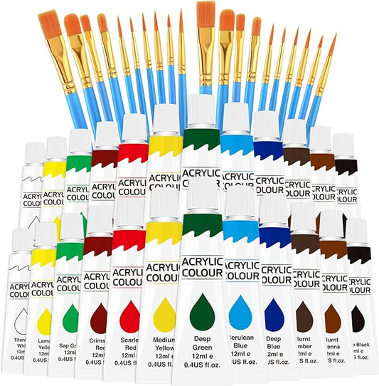 ESRICH Acrylic Paint Set 12 Colors (2 Pack) with 20 Paint Brushes, 24 Acrylic Paints for Adults, Kids, Beginner, Professional Artists, Non-Toxic Craft Paint kit for Paper, Canvas, Rock,Wood, Ceramic