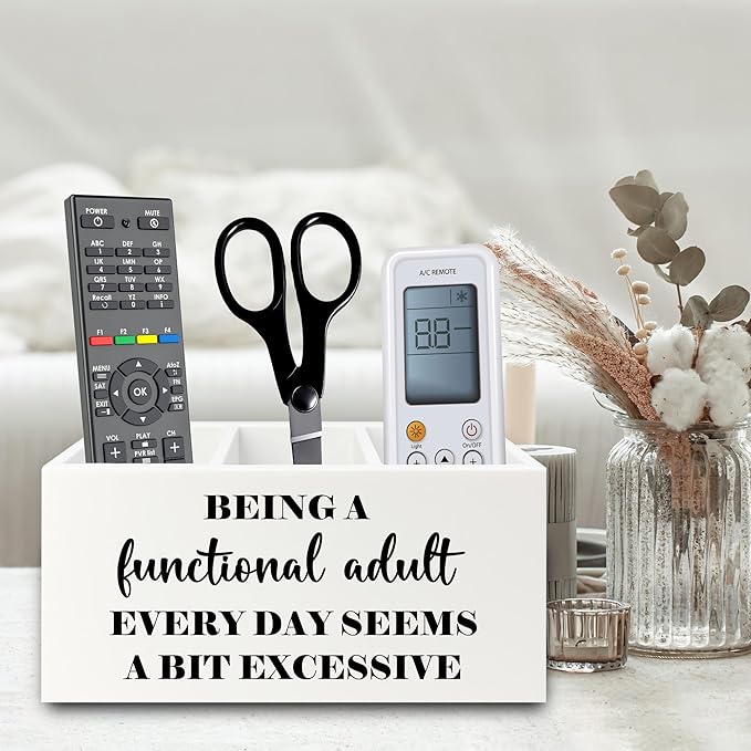 Funny Pen Pencil Holder Organizer for Desk, Sarcastic Gifts for Women Men Coworkers, Adult Humor Gifts, Being a Functional Adult Funny Wooden Box Sign for Home Office Desk Tabletop Decorations