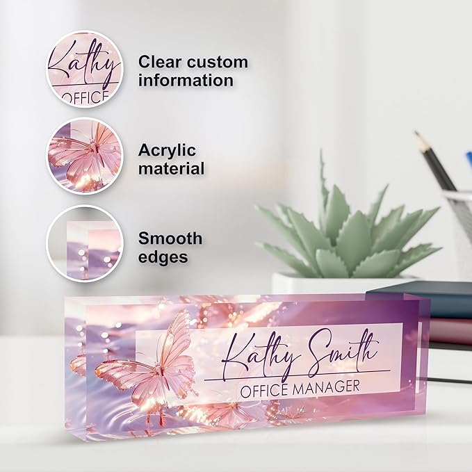 Personalized Name Plate for Desk, Custom Desk Name Plate, Acrylic Name Plate Office Desk Accessories, Personalized Office Gifts for Coworkers Teachers, Employee Appreciation Gifts (Purple Crystal)