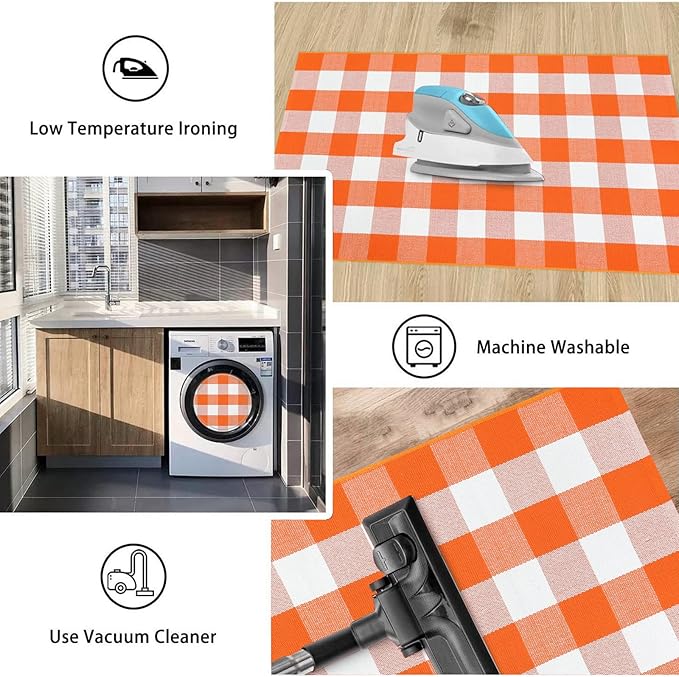 KIMODE Fall Outdoor Rug Orange and White 3'x5',Washable Cotton Halloween Front Door Rug,Farmhouse Buffalo Plaid Layering Rugs,Reversible Fall Door Mat for Entryway,Halloween Front Porch Decor