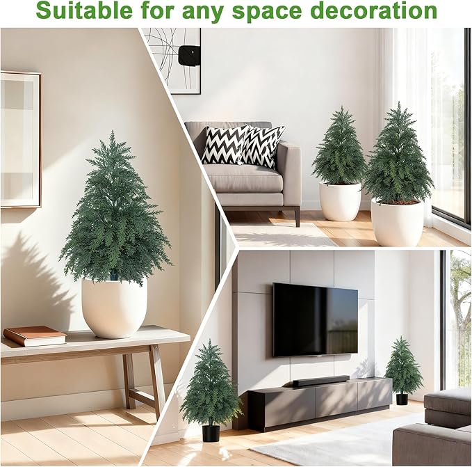 2Pack Artificial Topiary Trees, 2FT Faux Cypress, Faux Evergreen Pine Shrubs Plants with Pot, Potted Plants for Front Porch Indoor Outdoor Garden Christmas Decor