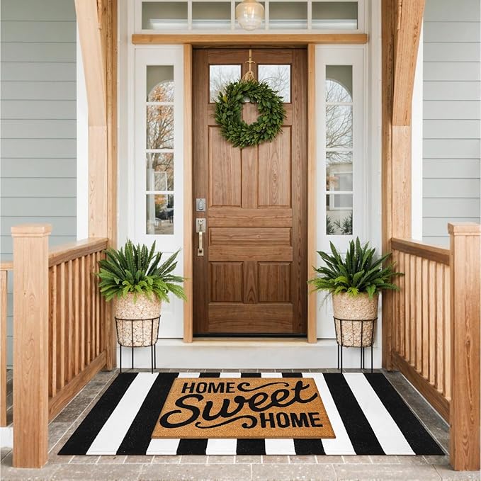 Collive Christmas Black and White Outdoor Striped Rug 24"x 51", Cotton Woven Front Porch Rug Decor, Washable Farmhouse Layered Welcome Mat Outdoor for Kitchen Entryway Entrance