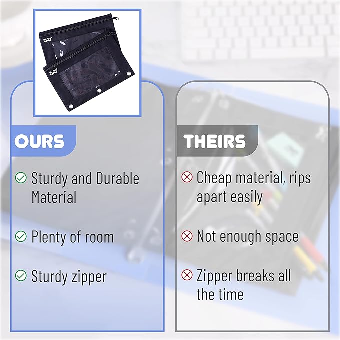 Mr. Pen Fabric Pencil Pouch with 3 Binder Holes, Black, Set of 2