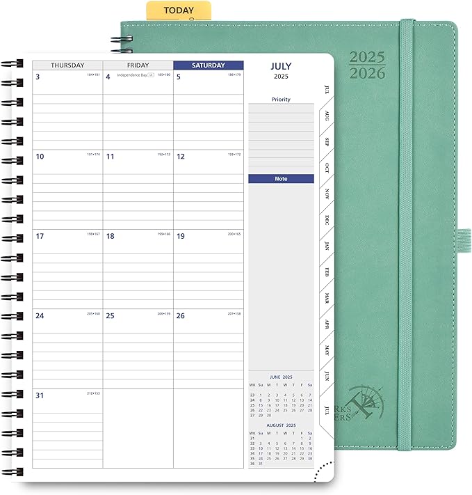 POPRUN 2025-2026 Monthly Planner Spiral Bound, 8.5'' x 11.25'' Academic Calendar (July 2025-July 2026) Appointment Book with Stair Tabs, Leather Cover, 4 Pages per Month with Notes - Midnight Green