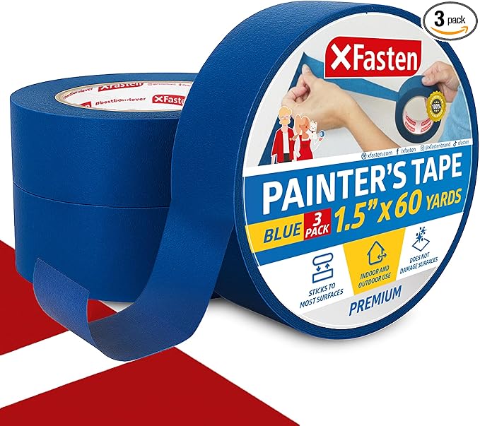 XFasten Professional Blue Painters Tape, Sharp Edge Line Technology, 1.5 Inches x 60Yards (3-Pack) - Produces Sharp Lines and Residue-Free Artisan Grade Clean Release Wall Trim Tape