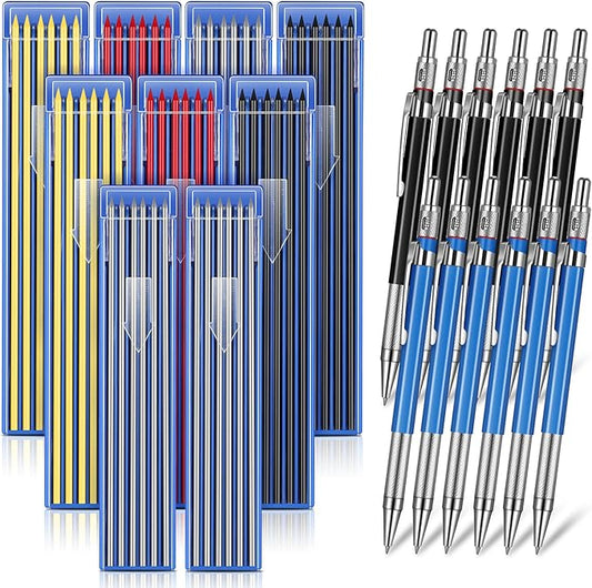 Nezyo 12 Pieces Welder Pencil with 108 Pieces Round Refills Mechanical Metal Pencil Marker with Built in Sharpener Pen for Construction Workers, Metal Work, Plumbers, Framers