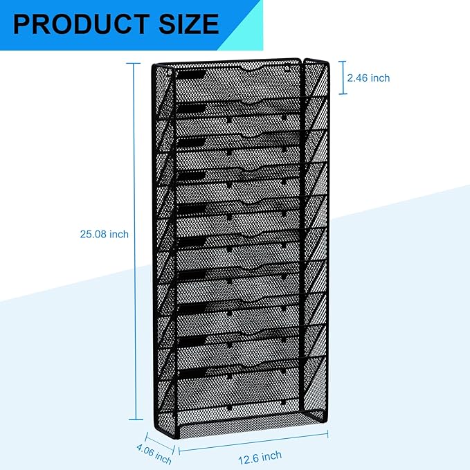 Hanging Wall File Organizer 10 Tier Wall Mounted File Holder Document Wall Organizer Magazine Organization for Office Home, Black