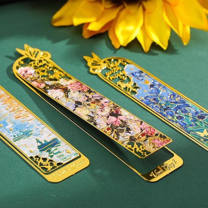6 Pieces Metal Clip Bookmarks for Women, Golden Hollow Butterfly Bookmark Monet Oil Painting Theme Book Mark Birthday Funny Art Gifts for Book Lovers Writers Readers Children Teens Men