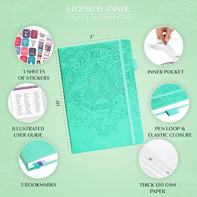 Legend Planner PRO – Deluxe Weekly & Monthly Life Planner to Increase Productivity and Hit Your Goals. Time Management Organizer Notebook – Undated – 7 x 10" Hardcover + Stickers – Mint Green