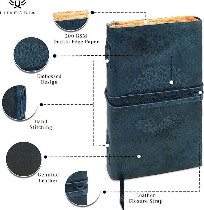 LUXEORIA Tree Of Life Leather Journal for Women and Men, Handcrafted Leather Journal for Writing Womens, Sketchbook, Travel Diary with Unlined Deckle Paper, Dark Blue 8x13
