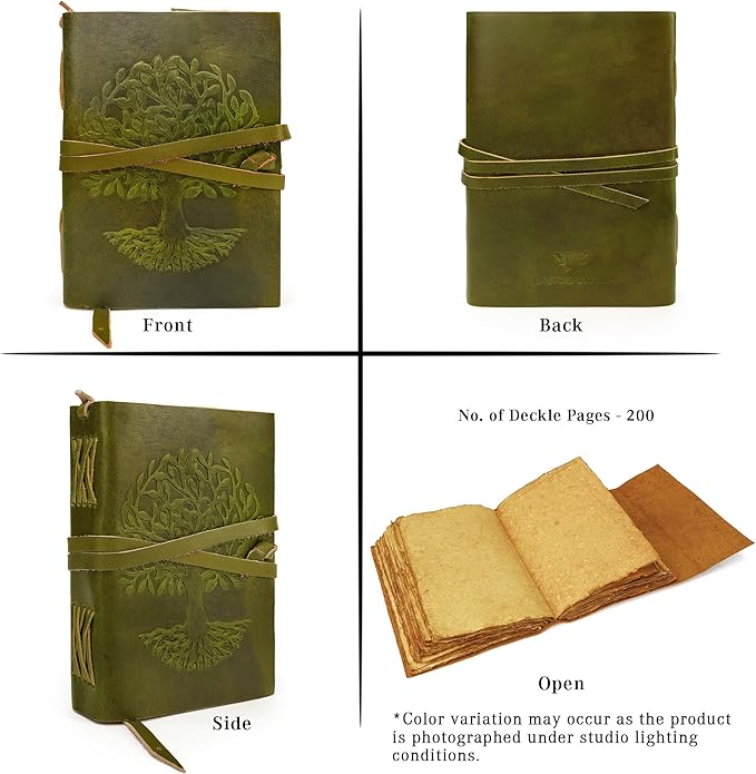 LUXEORIA Tree Of Life Leather Journal for Women and Men, Handcrafted Leather Journal for Writing Womens, Sketchbook, Travel Diary with Unlined Deckle Paper, Mint Green 5x7