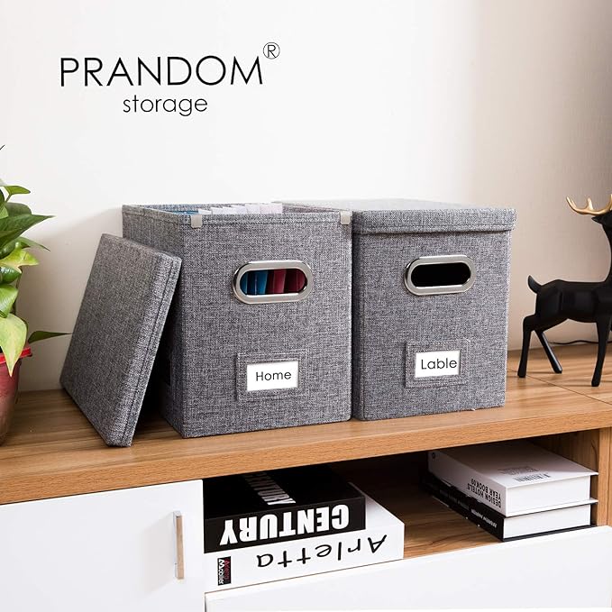 PRANDOM File Organizer Box - Set of 4 Collapsible Decorative Linen Filing Storage Hanging File Folders with Lids Office Cabinet Letter Size Grey (14x9.3x10.8 inch)