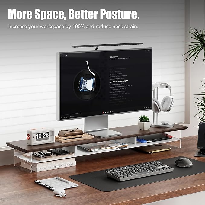 Dual‑Tier Monitor Stand for Modern Desk Setup – Minimalist Wooden and Metal Riser Shelf with Transparent Acrylic Feet for Dual Monitors, Laptops, Home Office Aesthetic，Brown and White