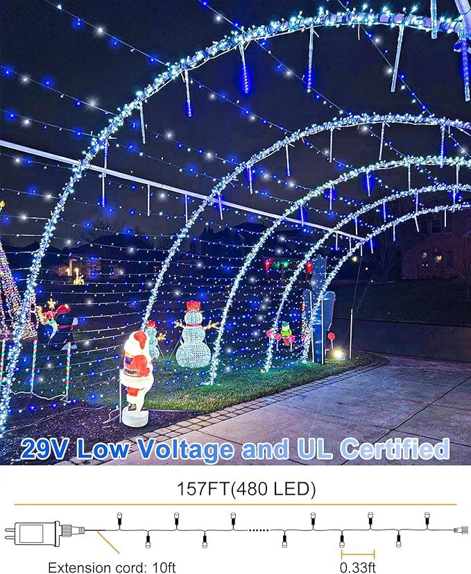 157FT 480 LED Christmas Lights Outdoor, Christmas Tree Lights Waterproof, 8 Modes Plug in Fairy String Light for Indoor Bedroom Garden Patio Xmas Party Decorations, Blue White