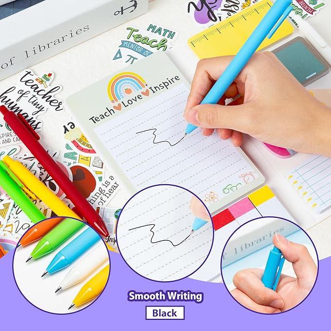 Xqumoi 3 Pack Teacher Sticky Notes with Pen Stickers Stationery Set Black Gel Ballpoint Pens Teacher Self-Stick Notes Pads Rainbow Apple Vinyl Stickers Back to School Office Supplies Gift with Box
