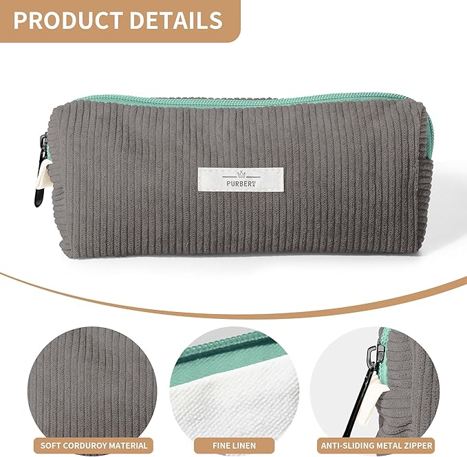 Pencil Bag Pen Case, Soft Corduroy Small Pencil Pouch Organizer with Zipper, Cute Pencil Case Pouch Stationery for Girls and Boys – Grey