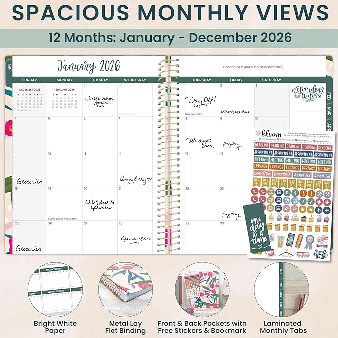 bloom daily planners 2026 Planner (January to December) - 8.5” x 11” Weekly & Monthly Dated Agenda Organizer Book with Stickers & Tabs - Flexible Soft Cover - Pink Poppies