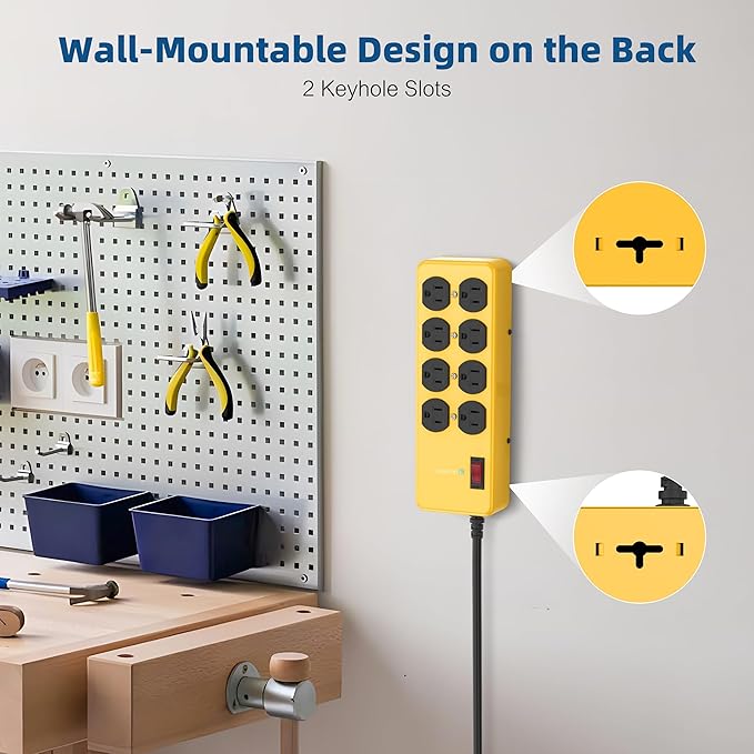 Heavy Duty Power Strip,Industrial Heavy Metal Case Surge Protector,8 AC Outlets,15Amp,2700 Joules,Protected' Indicator,14 Gauge Cord (Yellow, 15FT Length)
