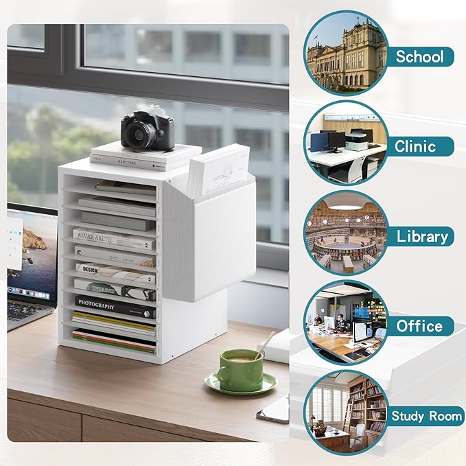 Office Mail Sorter, Wooden Paper Organizer with Storage Bag, 10 Tier Adjustable Classroom Mailbox, Removable Classroom Organization, Teacher Desk Organization for Office, Study, White