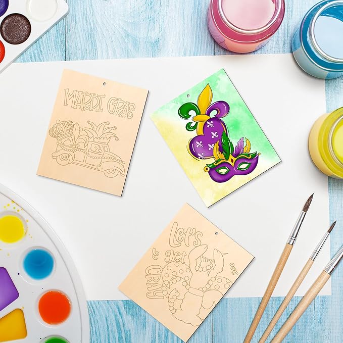 COCHIE 10 Pieces Large Mardi Gras Unfinished Wood Crafts to Paint for Adults and Kids, Bulk Predrilled Wooden Ornaments for Painting, Butterflies Paintable Wood Slices Craft Supplies with Ropes