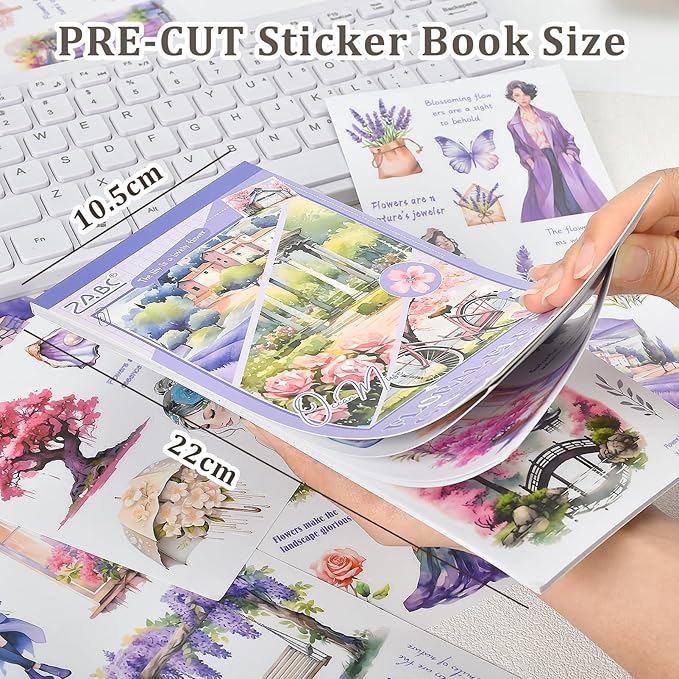 Snycler Purple Flower Series Sticker Book - 20 Sheets Vintage PET Stickers for Scrapbooking, Junk Journaling, Ephemera, and Decorative Crafts - Pre-Cut Floral Design Stickers