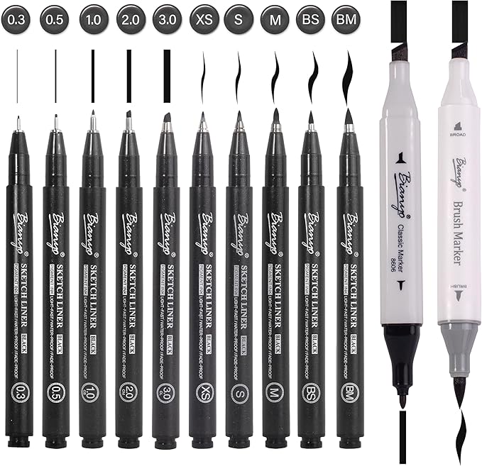 Bianyo Art Drawing Pens Art Supplies - 10 Assorted Art Pens + 2 Black Art Markers, Upgraded Pigment Water-Resistant Archival Ink, Bonus Pouch Bag - Perfect for Artists, Crafters