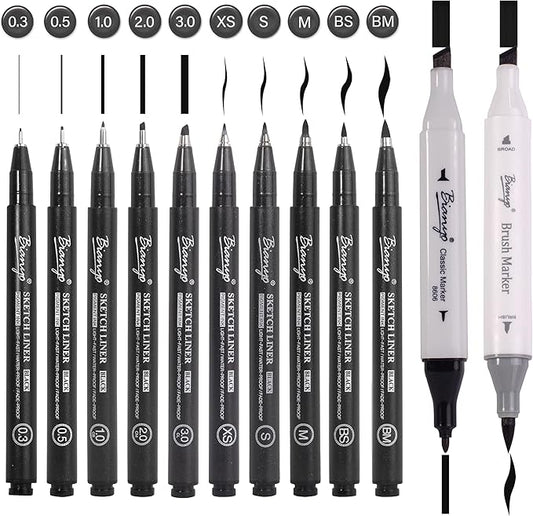 Bianyo Art Drawing Pens Art Supplies - 10 Assorted Art Pens + 2 Black Art Markers, Upgraded Pigment Water-Resistant Archival Ink, Bonus Pouch Bag - Perfect for Artists, Crafters