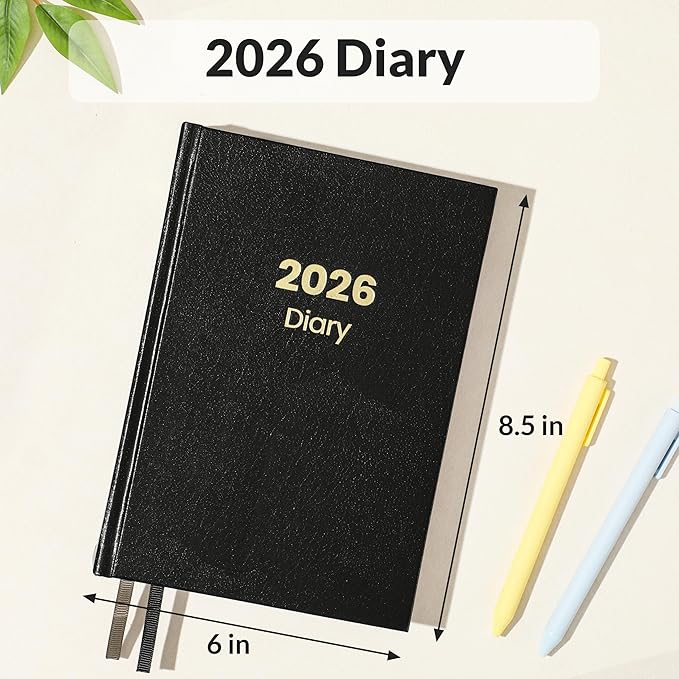 SUNEE 2026 Daily Planner Hardcover - Journal Organizer for Work & School - Daily Page Layout with Holidays, Notes - 100gsm No-Bleed Paper Agenda for Women & Men, Black