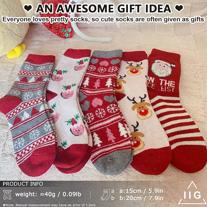 IIG Cute Warm Wool Socks for Women Super Cozy Thick Crew Winter Socks Gifts, 5 Pairs