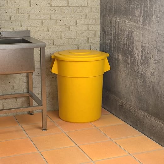 55 Gallon Yellow Round Commercial Trash Can with Lid