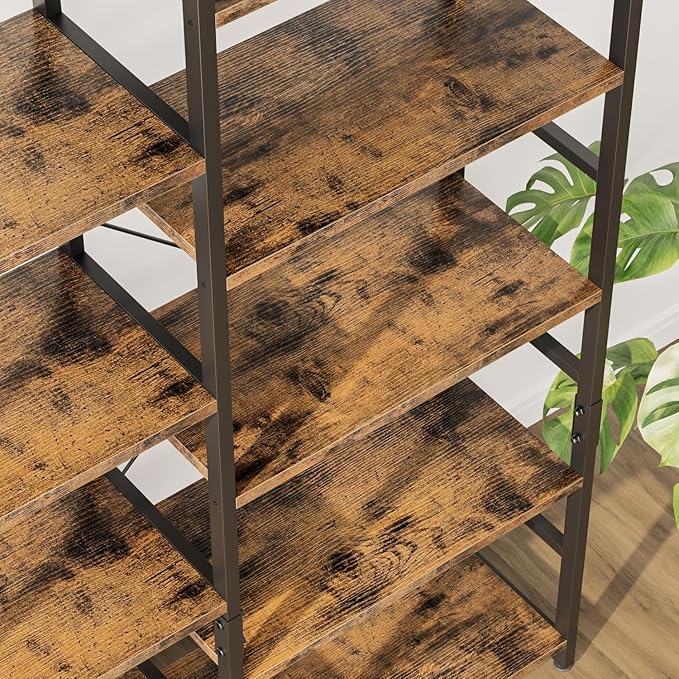 OTK Triple Wide 5 Tier Bookshelf, Rustic Industrial Style Bookcases with 14 Open Display Shelves, Wide Bookshelves for Bedroom, Living Room and Home Office, Rustic Brown