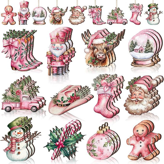 Huwena 36 Pcs Pink Christmas Ornaments Wooden Western Christmas Decorations for Tree Nutcracker Gingerbread Man Cowgirl Boots Hat Wood Cutouts Tags with Ropes Winter Decor for Xmas Tree Wreath Gifts