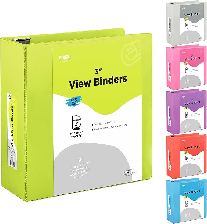 3 Slant D-Ring Binder 3 Inch Green, 3 in Clear View Cover with 2 Inside Pockets Binder, Heavy Duty Colored School Supplies Binders,Also Available in Red, Grey, Purple, Blue, Pink (12 PC) – by Enday