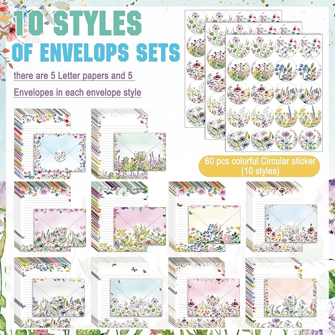 TaoBary 160 Pcs Stationery Paper Set 50 Double Sided Stationery Papers with 50 Matching Envelopes and 60 Round Dot Sticker, 10 Design(Wildflower,5.5 x 8.25 Inch)