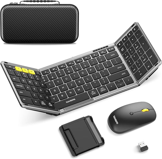 Foldable Keyboard and Mouse, Samsers Folding Bluetooth Keyboard Combo, 2.4G + BT5.0 x 2, Full-Size Portable Travel Keyboard & USB-C Rechargeable Wireless Mouse for Windows Android iOS Mac OS