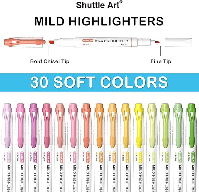 Shuttle Art 30 Colors Highlighters, Pastel Highlighter Pens Assorted Colors, Dual Tip Mild Color Highlighter Markers, Perfect for Teens, Kids and Adults Coloring, Underlining, Highlighting