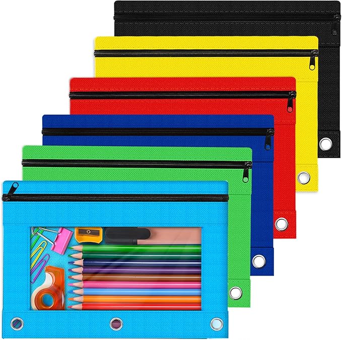 Pencil Pouch for 3 Ring Binder, Bulk 6 Pack 3 Hole Zipper Pencil Pouches with Clear Window, Pencils Bags in Assorted Colors, Sturdy and Durable Cloth Pencils Case for School Office College Supplies