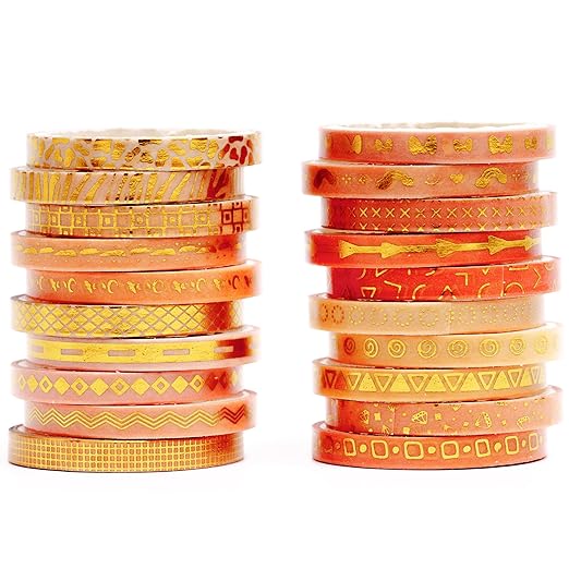 YUBX Skinny Gold Washi Tape Set Basic Foil Print Decorative Masking Tapes for Arts, DIY Crafts, Journals, Planners, Scrapbook, Wrapping (Orange of Sunset)