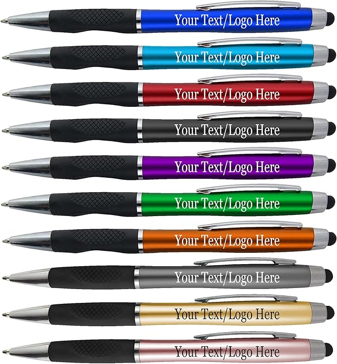 Personalized Stylus Pens With your Custom Logo or Text-300 Pack Bulk-for Businesses, Parties, and Events, 2 in 1 Ballpoint Pen + Capacitive Stylus for Touchscreen Devices, Black Barrel,Blue Ink
